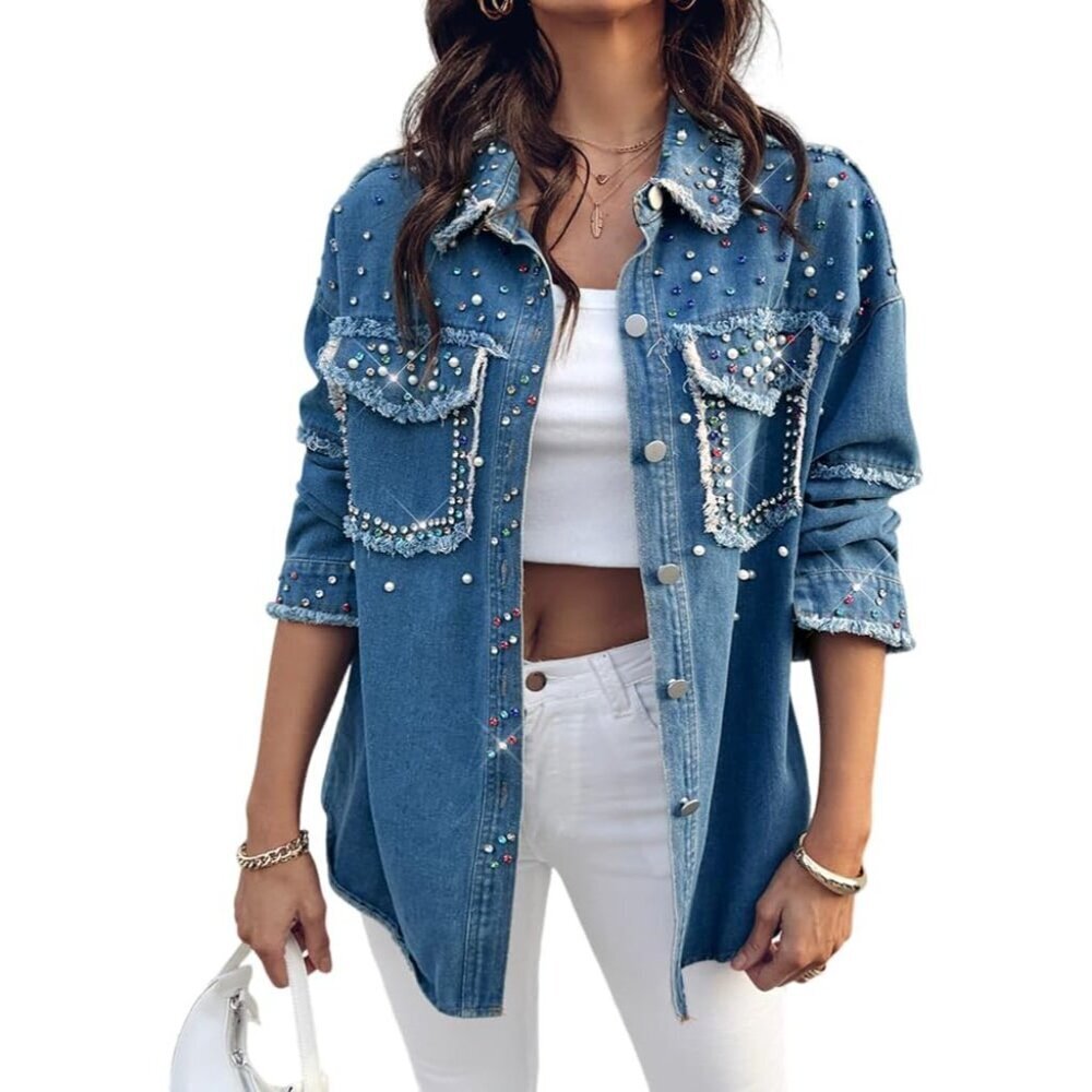 Women's Oversized Denim Jacket with Sequin Pockets Casual Outerwear - Picture 1 of 6